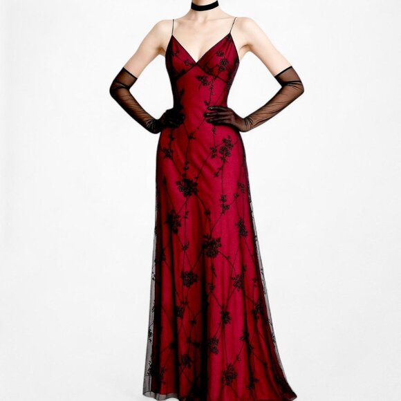 Vintage Burgundy Red Floral Velvet Beaded Mesh Bodycon Maxi Dress Size M/L - Picture 1 of 8